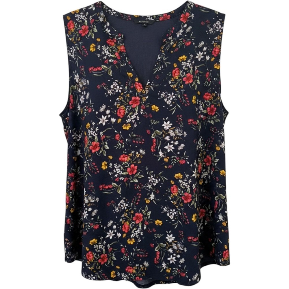Papermoon Floral Tank Top Womens 3X Navy Blue Sleeveless Split V-Neck PTX4160-F